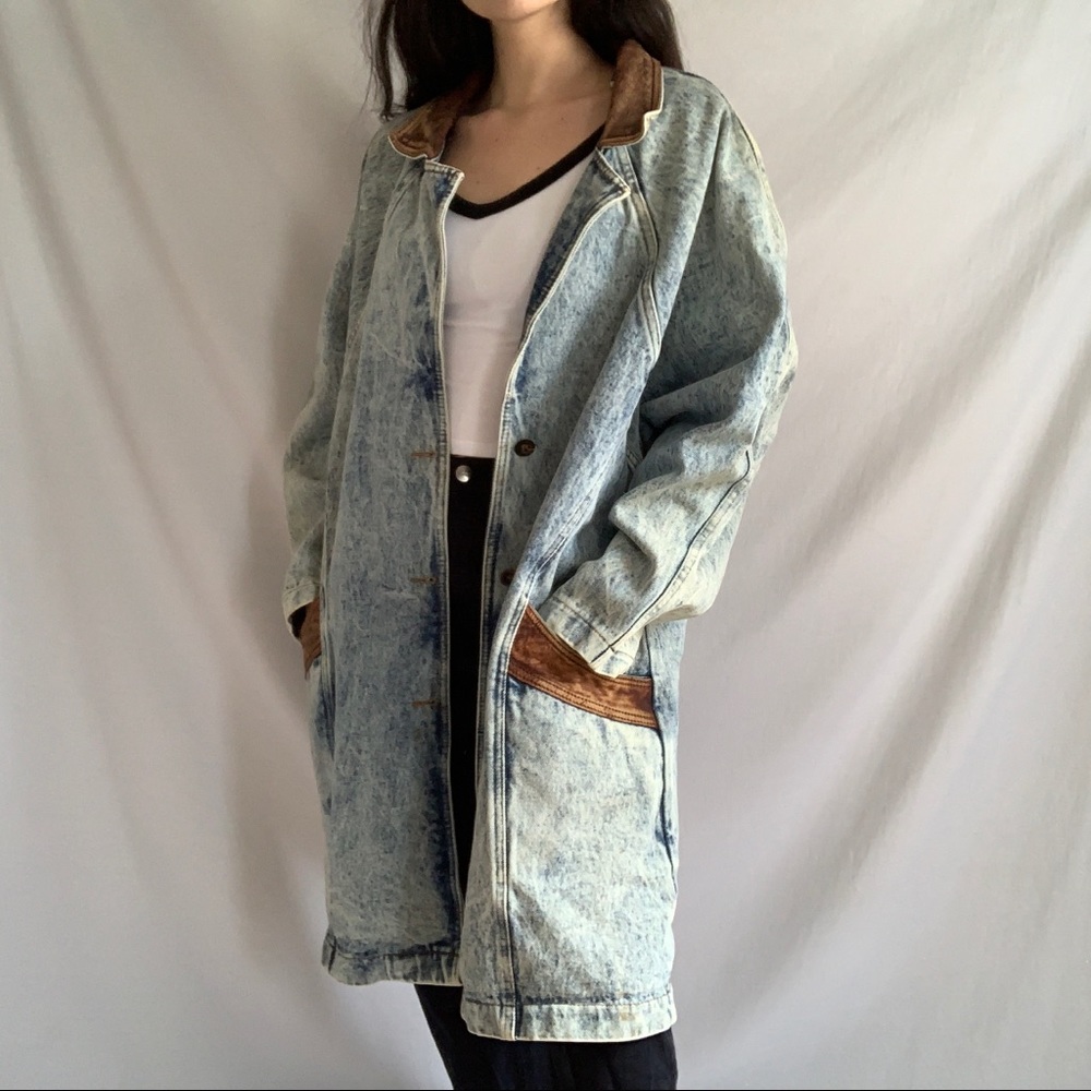 Vintage Acid Wash Denim and Leather Trench Coat